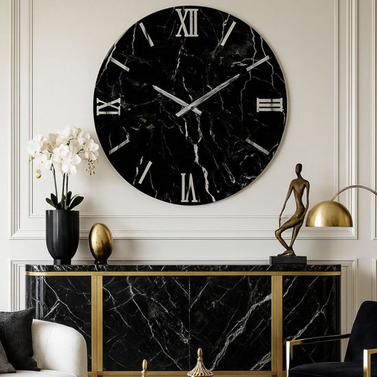 Orologio da parete 60cm nero effetto marmo tondo moderno