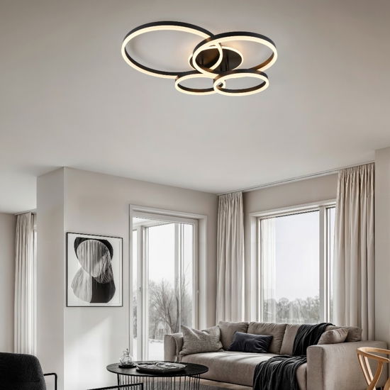 Plafoniera anelli neri design moderna led dimmerabile con telecomando