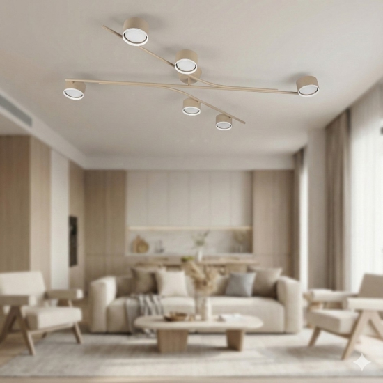 Plafoniera moderna colore beige 6 luci orientabili per soggiorno