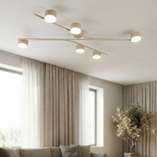 Plafoniera moderna colore beige 6 luci orientabili per soggiorno