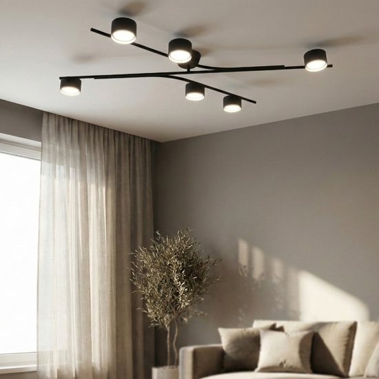 Plafoniera moderna nero oro per soggiorno 6 luci orientabili
