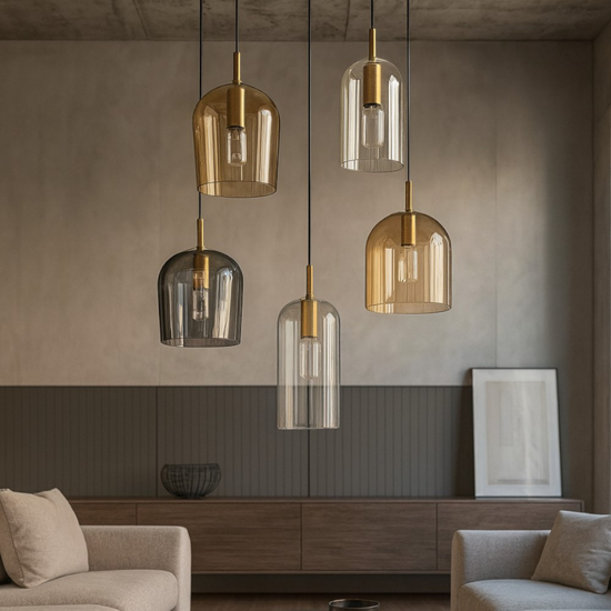 Lampadario coro perenz 5 pendenti vetri multicolor per salotto