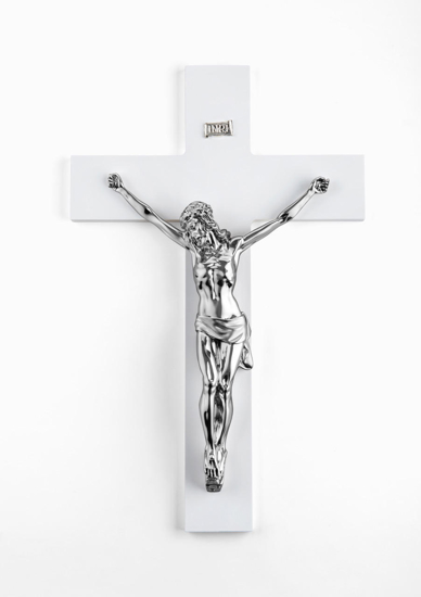Crocifisso bianco da parete cristo argento 25x16