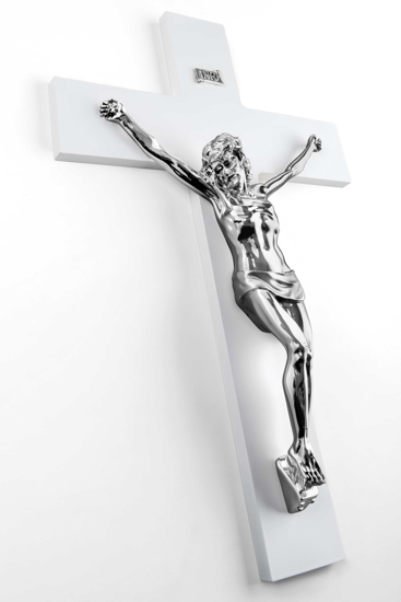 Crocifisso bianco da parete cristo argento 25x16