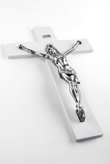 Crocifisso bianco da parete cristo argento 25x16