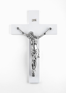 Crocifisso grande da parete 48x30 cm legno bianco cristo marmorino argento