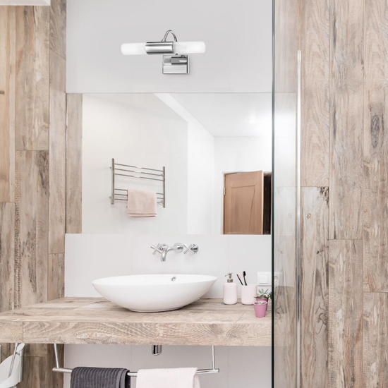Applique da bagno due luci cromo e vetro bianco ip44