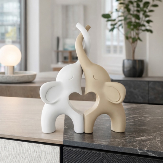 Coppia di elefantini  bianco nocciola 29x21 soprammobile bongelli preziosi