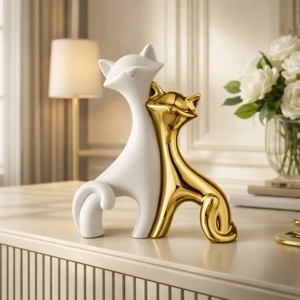 Scultura gatti bianco oro soprammobile 24x29cm bongelli preziosi