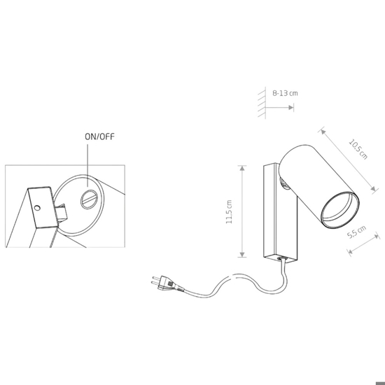 Applique bianco luce orientabile con spina e interruttore per comodino