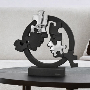 Scultura volti puzzle nero argento soprammobile design moderno