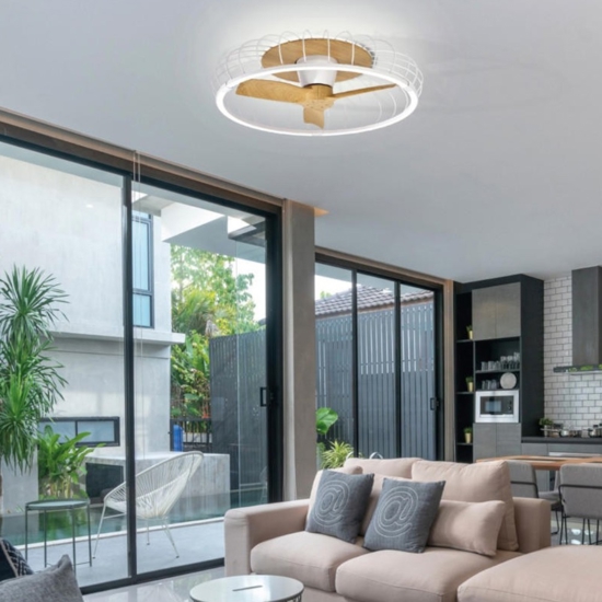 Plafoniera con ventilatore bianco con pale di legno con telecomando