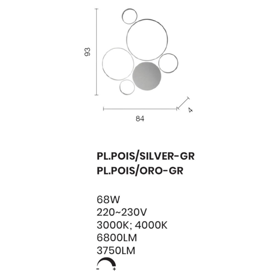 Plafoniera led moderna 68w 3000k ondaluce pl pois silver gr