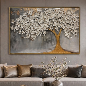 Quadro albero decorato 120x80 cornice oro decoro resina lucido
