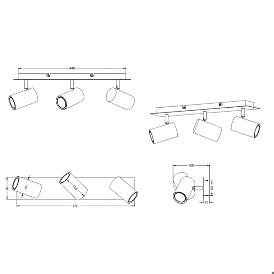 Plafoniera moderna minimal con 3 faretti per salotto