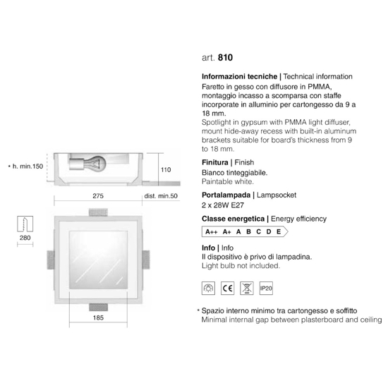 Isyluce faretto quadrato  di gesso da incasso con vetro