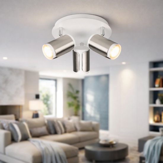 Plafoniera tonda con luci spot orientabili bianco nickel