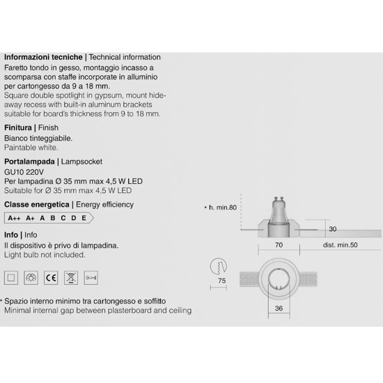 Faretto rotondo gesso da incasso controsoffitto