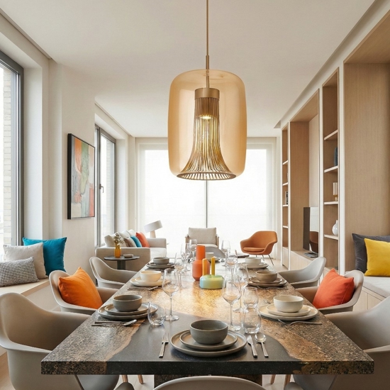 Lampadario oro cilindro di vetro ambra per tavolo da soggiorno