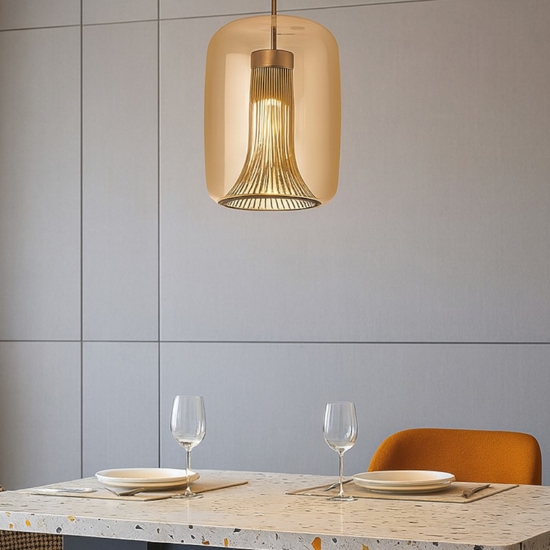 Lampadario oro cilindro di vetro ambra per tavolo da soggiorno
