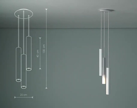 Lampadario tre luci cilindri bianchi grappolo a cascata