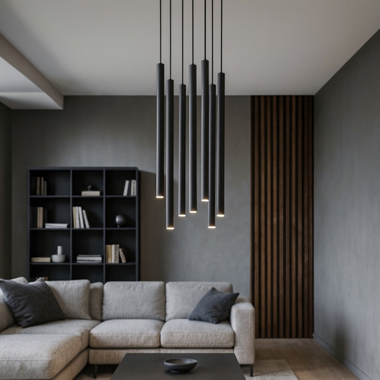 Lampadario per soggiorno moderno cilindri neri pendenti