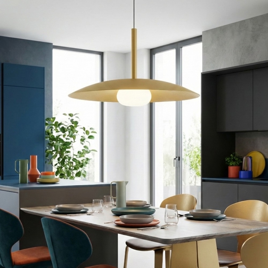 Lampadario saliscendi disco oro led 3000k per sala da pranzo cucina