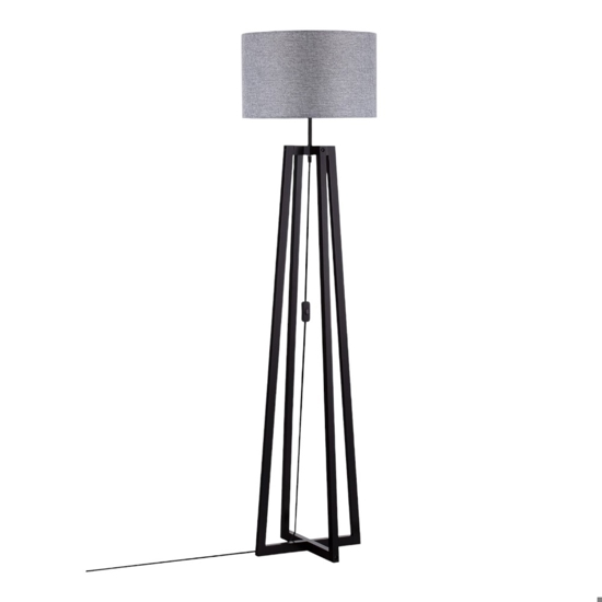 Lampada da terra moderna di legno scuro con paralume grigio