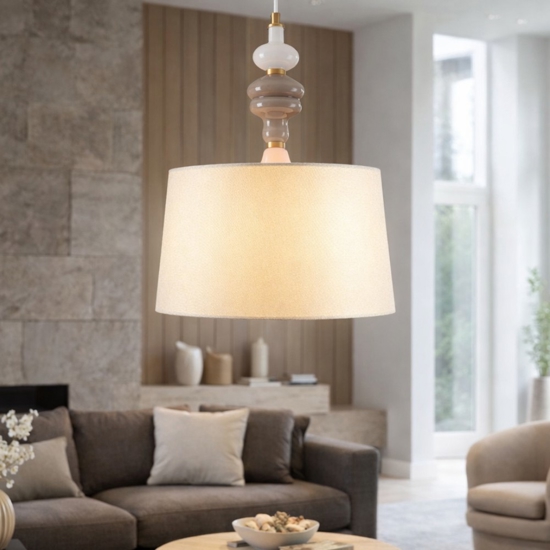 Lampadario paralume tessuto oro anticato ceramica stile contemporaneo