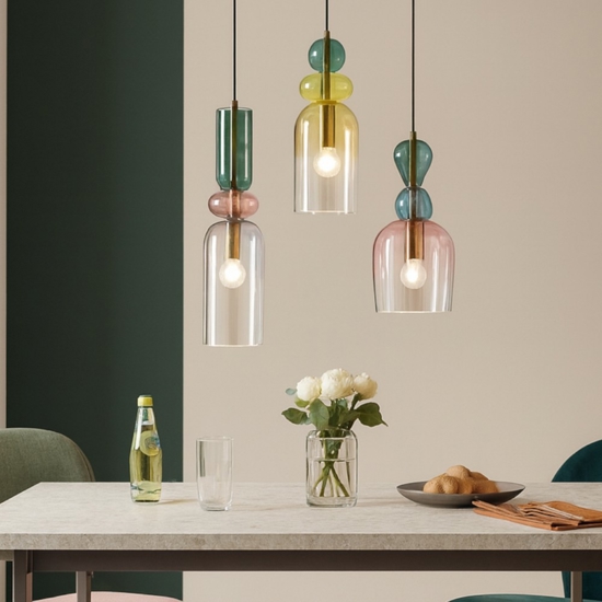 Lampadario moderno oro vetri multicolor per soggiorno