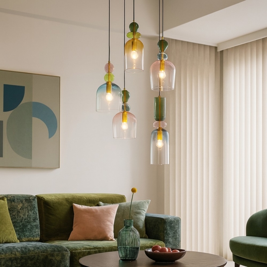 Lampadario per soggiorno moderno vetri multicolor pendenti