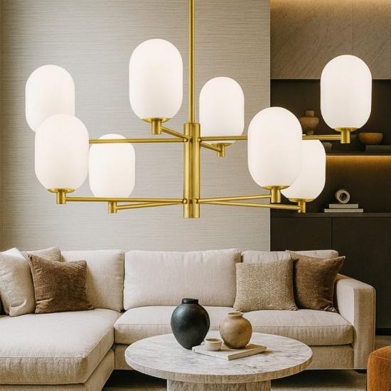 Lampadario elegante per soggiorno dorato sfere vetro bianco