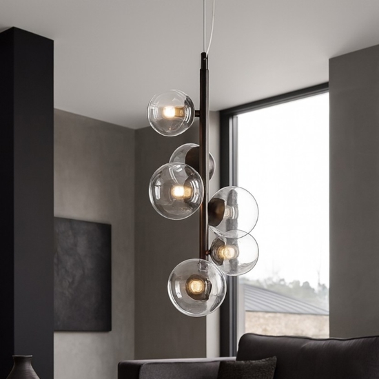 Lampadario verticale moderno nero sfere vetro per soggiorno
