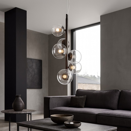 Lampadario verticale moderno nero sfere vetro per soggiorno