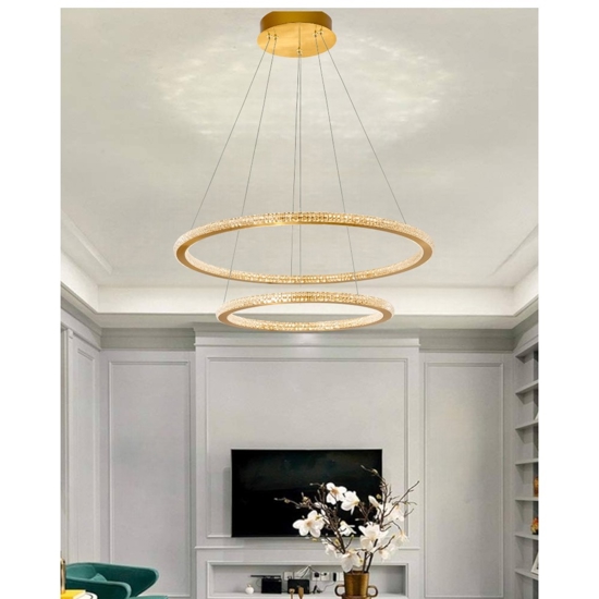 Lampadario moderno cerchi led oro per soggiorno contemporaneo