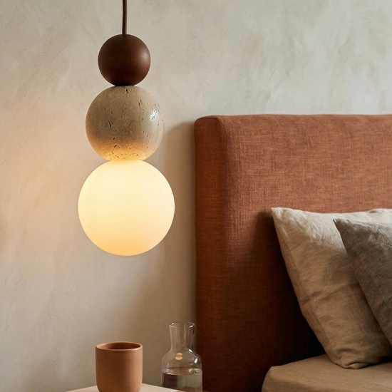Lampada a sospensione travertino sfera vetro per comodino