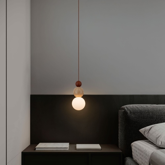 Lampada a sospensione travertino sfera vetro per comodino