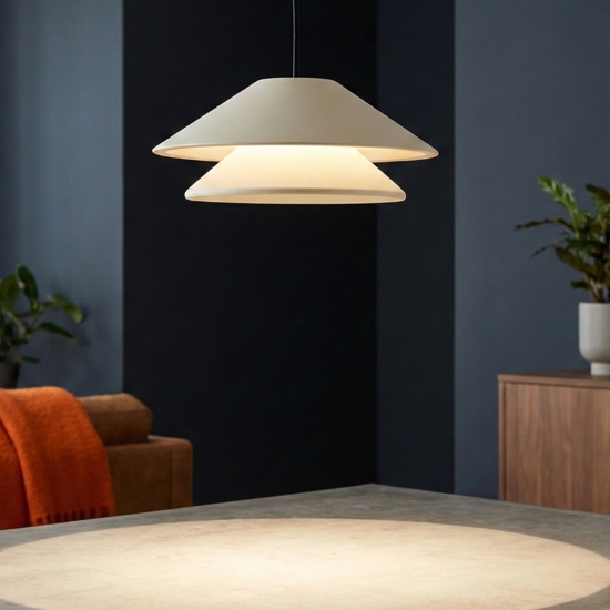 Lampada a sospensione led doppio cono bianco saliscendi per tavolino