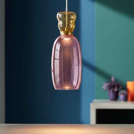 Lampada a sospensione vetro giallo rosa moderna led 9w 3000k
