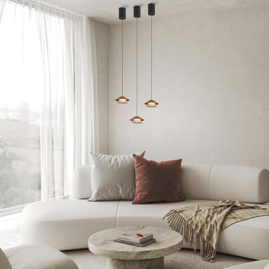 Lampada a sospensione saliscendi led doppio cono bianco marrone