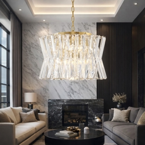 Lampadario design oro satinato rotondo con cristalli elegante