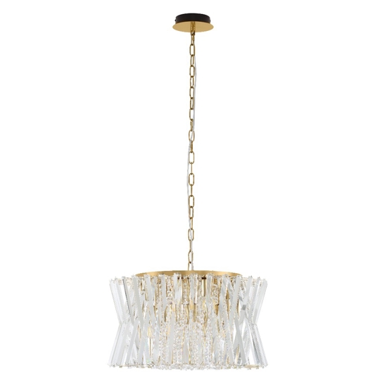 Lampadario dorato di cristalli trasparenti per salone