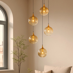 Lampadario moderno 5 luci sfera in vetro ambra led 3000k