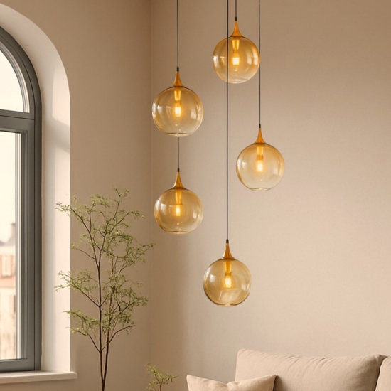 Lampadario moderno 5 luci sfera in vetro ambra led 3000k
