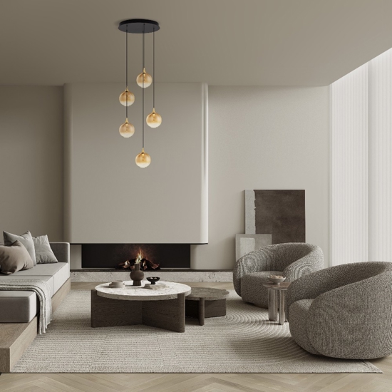 Lampadario moderno 5 luci sfera in vetro ambra led 3000k