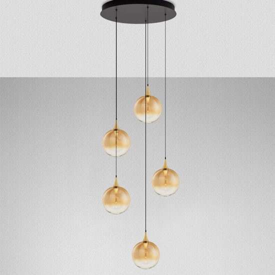 Lampadario moderno 5 luci sfera in vetro ambra led 3000k