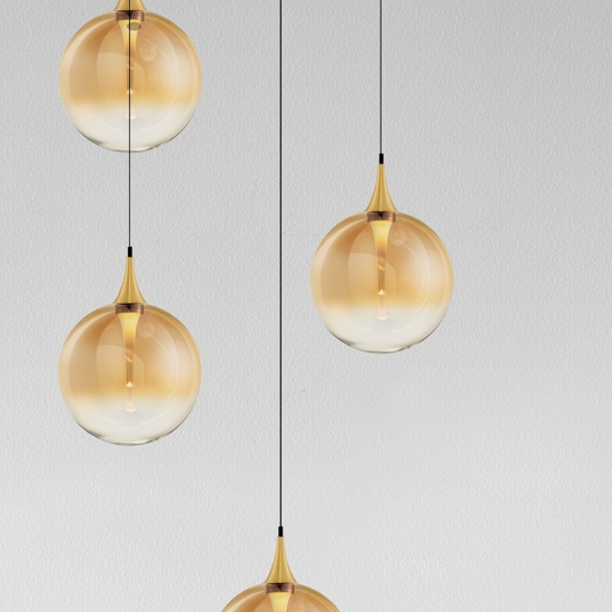 Lampadario moderno 5 luci sfera in vetro ambra led 3000k