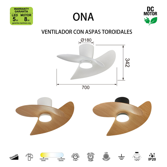 Piccolo ventilatore da soffitto led cct bianco e pale legno max 13mq