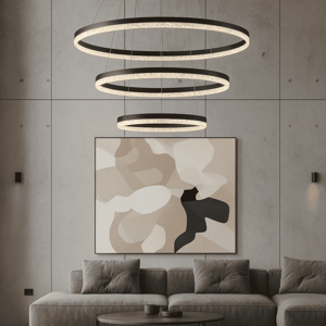 Lampadario per salotto anelli neri led 3000k dimmerabile cristalli