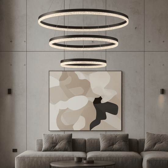 Lampadario per salotto anelli neri led 3000k dimmerabile cristalli